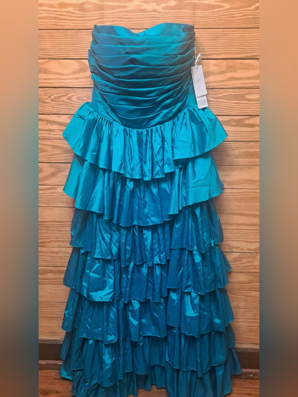 NWT Teal Strapless Formal Bridesmaid Prom Sz 10 Tiered Ruffles Slit Taffeta